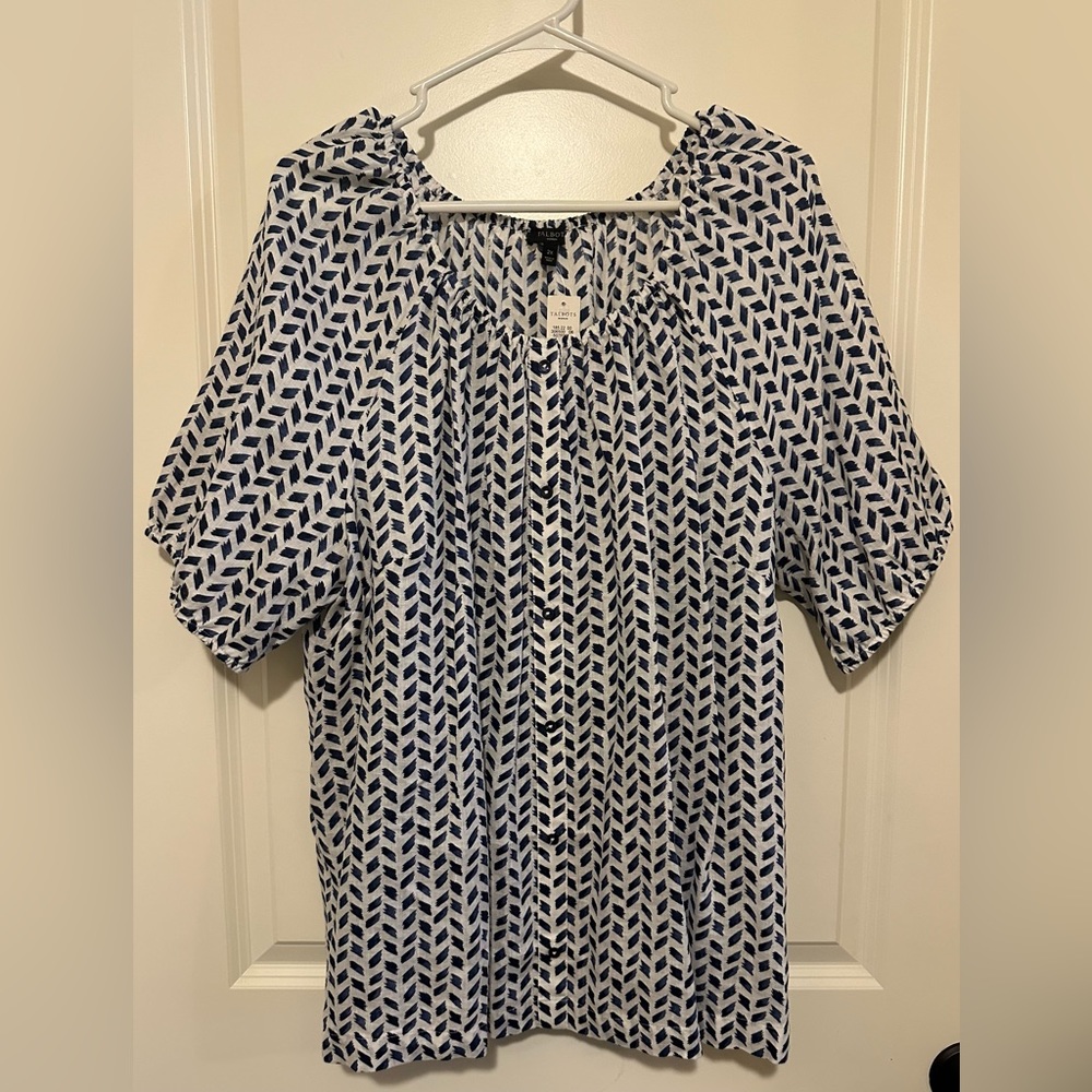 Talbots popover short sleeve white and navy blouse 2X